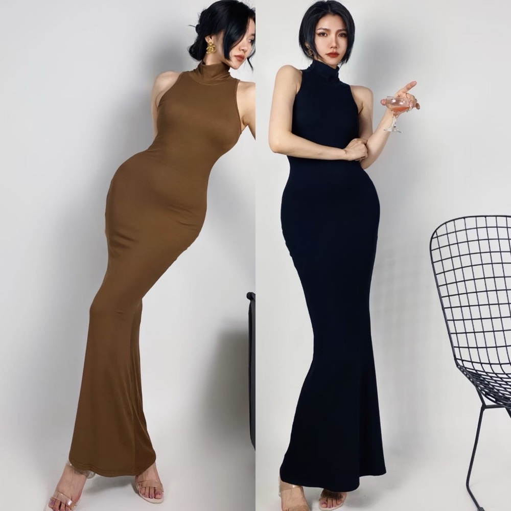 BROWN Mock Neck Sleeveless Fishtail Maxi Dress
